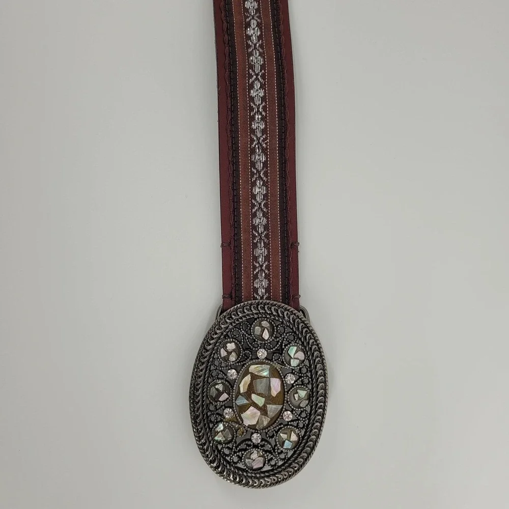 Womens Brown Leather Western Belt XL Silver Embroidered Mosaic Boho Eclectic